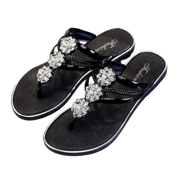 Unbranded Shoes - Women's (Bling!)-(Rhinestone)-(Flower)-(Flip Flops)-(Black)-(Size 8)-(New)-$30